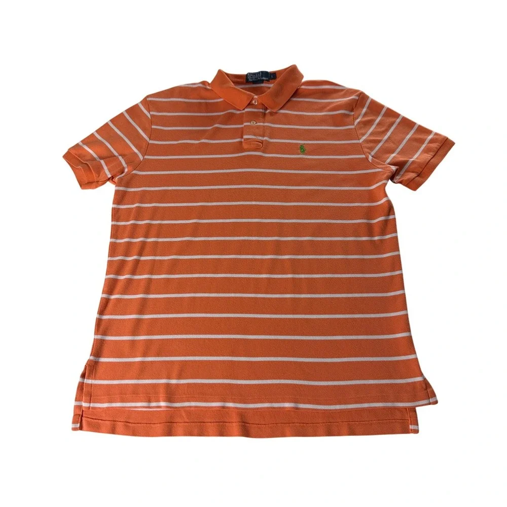 Polo Ralph Lauren Mens Large Orange White Striped Short Sleeve Polo Shirt Cotton